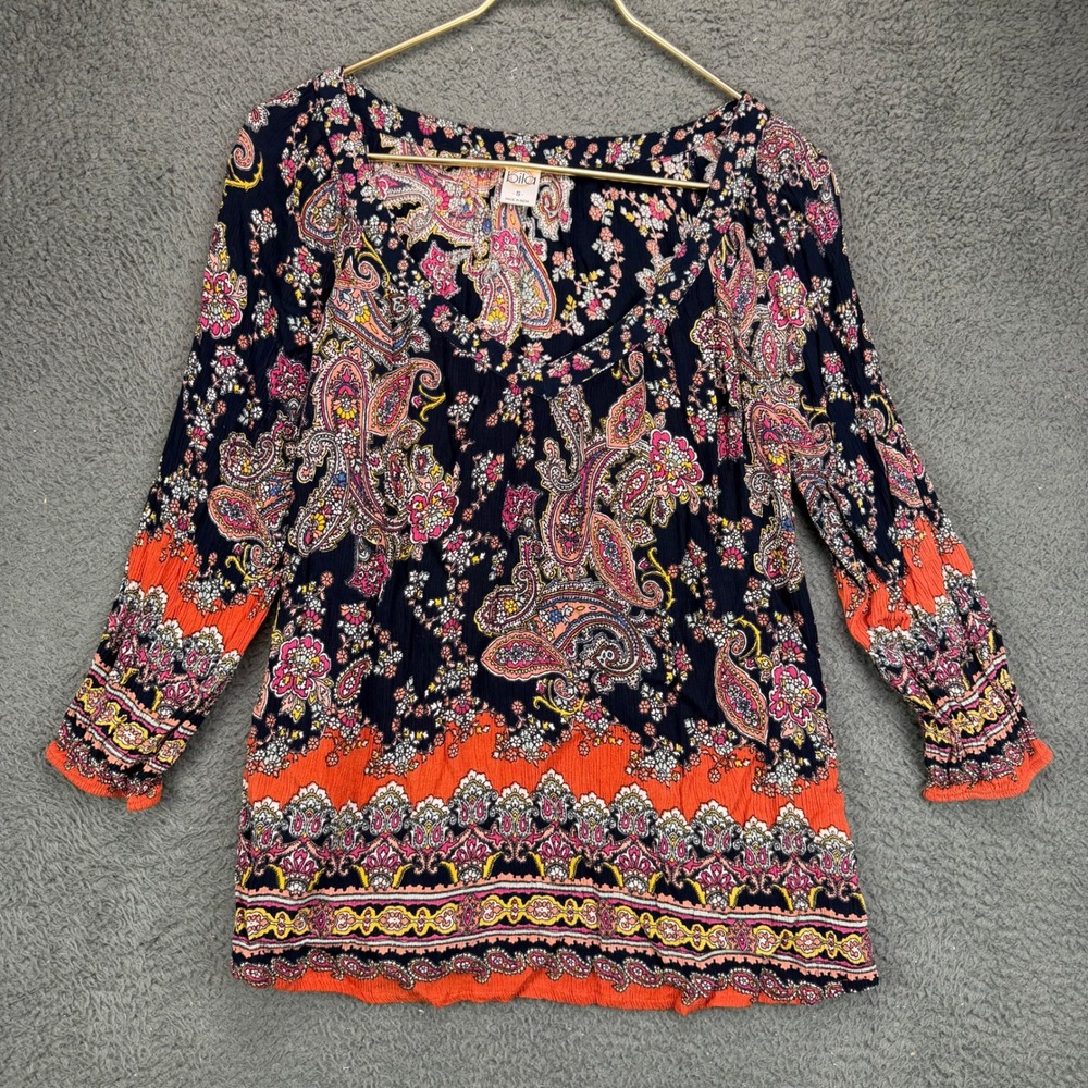 Bila Womens Small Paisley Print Boho Peasant Blouse Navy Orange
